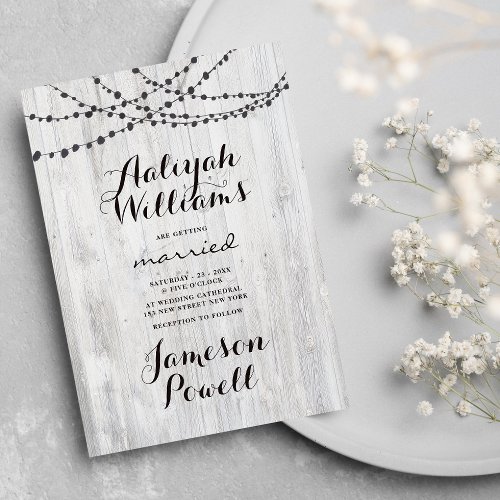 Rustic white wood black string lights wedding invitation