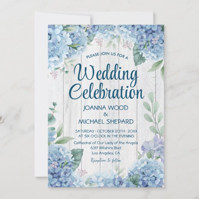 Rustic White Wood | Blue Hydrangea Wedding  Invitation (Front)