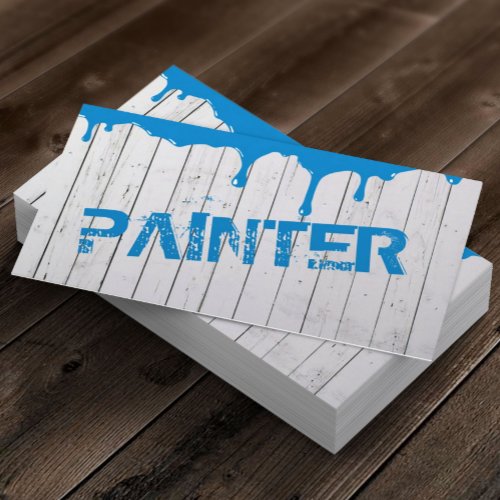 Rustic White Wood Blue Paint Dripping Business Card