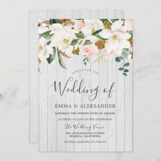 Rustic White Wood Blush & White Floral Wedding Invitation