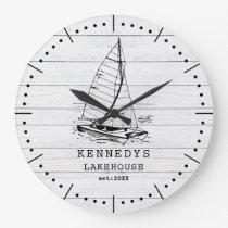 Rustic White Wood Boat Family Name Lake House  Large Clock