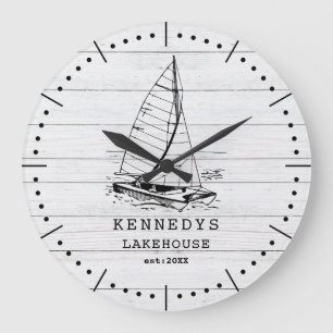 Rustic White Wood Boat Family Name Lake House  Large Clock