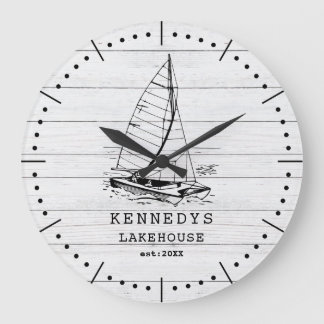 Rustic White Wood Boat Family Name Lake House Large Clock