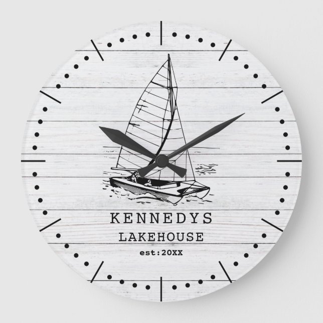 Rustic White Wood Boat Family Name Lake House  Large Clock (Front)