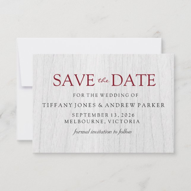 Rustic White Wood Burgundy Wedding Save the date (Front)