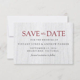 Rustic White Wood Burgundy Wedding Save the date