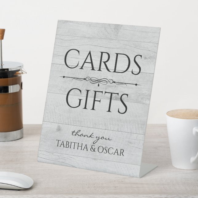 Rustic White Wood Cards and Gifts Pedestal Sign (In SItu)