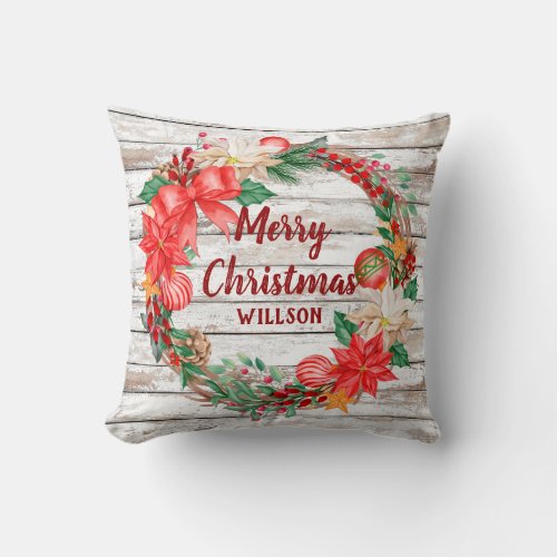 Rustic white wood Christmas wreath poinsettia Throw Pillow