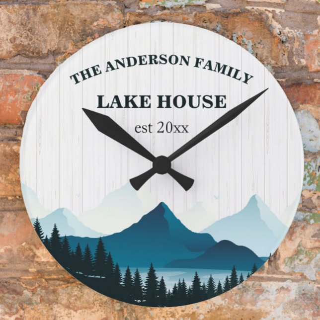 Rustic White Wood Custom Family Name Lake House Round Clock (Creator Uploaded)