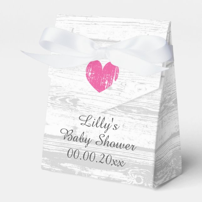 Rustic white wood cute girl's baby shower party favor boxes (Front Side)