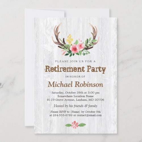 Rustic White Wood Deer Antler Retirement Party Invitation