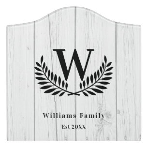 Rustic white wood family monogram initial name door sign