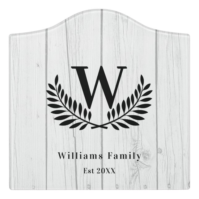 Rustic white wood family monogram initial name  door sign (Large Crest Front)