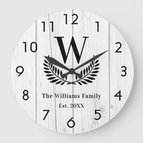 Rustic white wood family monogram name large clock