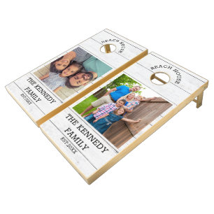 Rustic White Wood Family Name Beach House Photo Cornhole Set