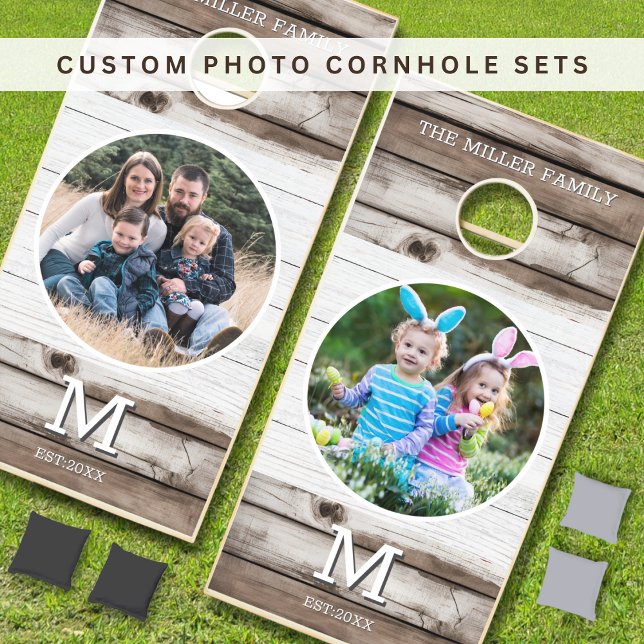 Rustic White Wood Family Name Monogram 2 Photo Cornhole Set (Rustic White Wood Family Name Monogram 2 Photo Cornhole Set
)