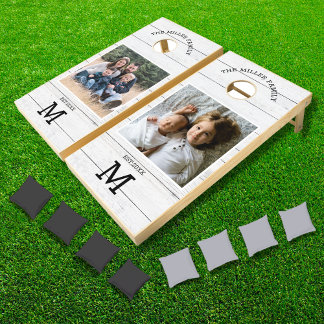 Rustic White Wood Family Name Monogram Photo Cornhole Set