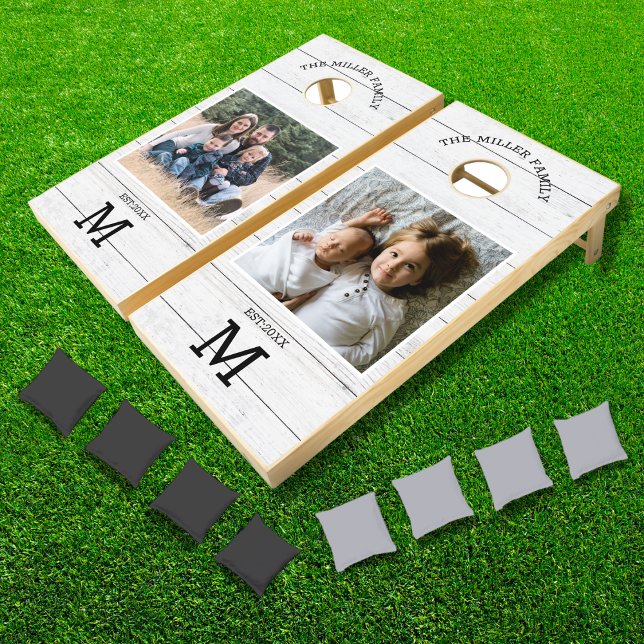 Rustic White Wood Family Name Monogram Photo  Cornhole Set (Creator Uploaded)