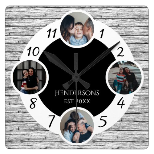 Rustic White Wood Family Photo Collage Keepsake Square Wall Clock