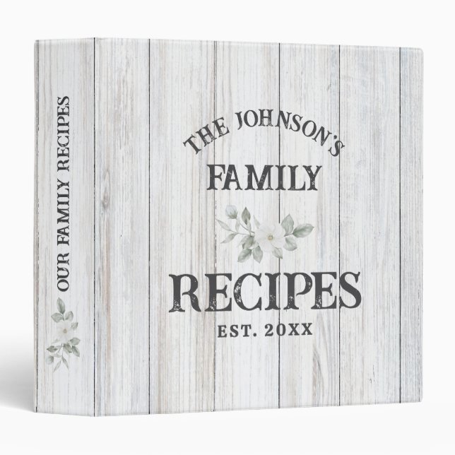 Rustic White Wood Family Recipes 3 Ring Binder (Front/Spine)