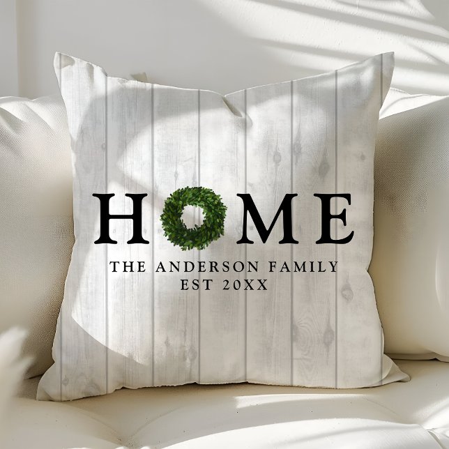 Rustic White Wood Farmhouse Boxwood Wreath Home Throw Pillow (Creator Uploaded)