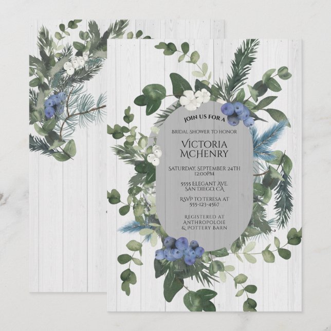 Rustic White Wood Floral & Pine Bridal Shower Invitation (Front/Back)