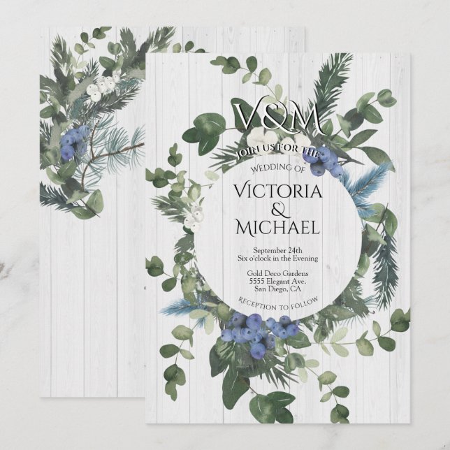 Rustic White Wood Floral & Pine Forest Wedding Invitation (Front/Back)