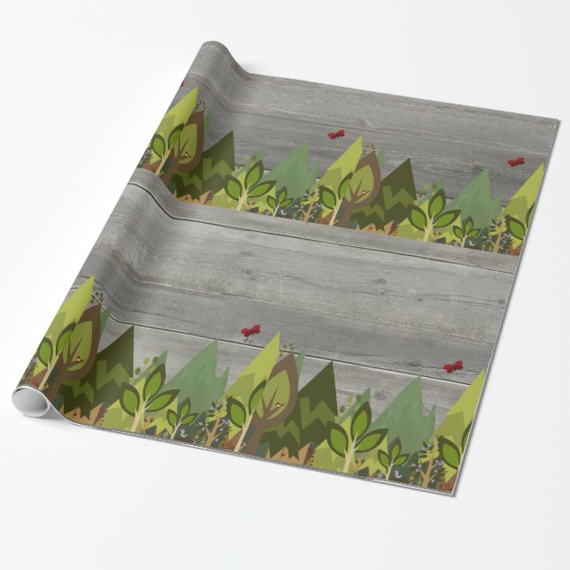 Rustic White Wood Forest Animal Wrapping Paper (Unrolled)