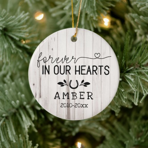 Rustic White Wood Forever In Our Hearts Horseshoe Ceramic Ornament