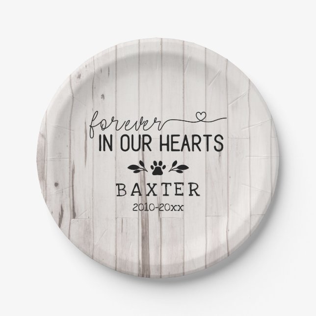 Rustic White Wood Forever In Our Hearts Paw Pet Paper Plates (Front)