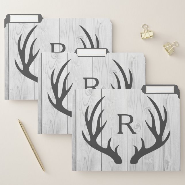 Rustic White Wood & Gray Deer Antlers  | Monogram File Folder (Set)