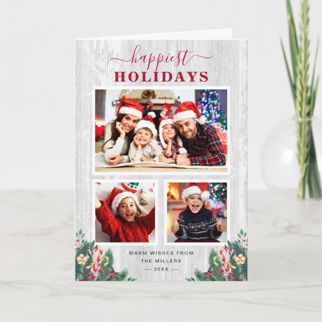 Rustic White Wood Happiest Holidays 3 Photo Holiday Card (Front)