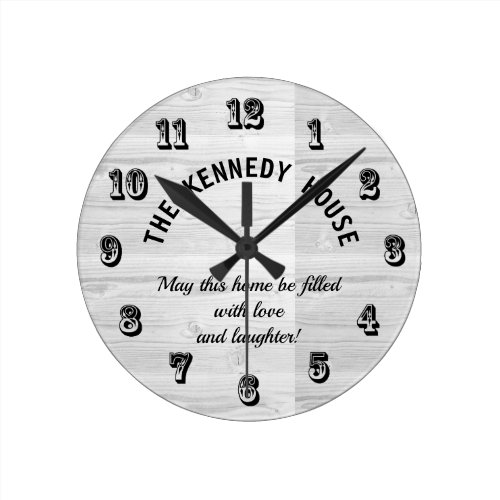Rustic White Wood Home Quote Family Round Clock