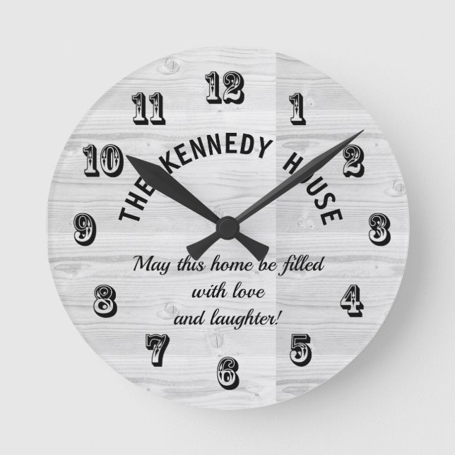 Rustic White Wood Home Quote Family Round Clock (Front)