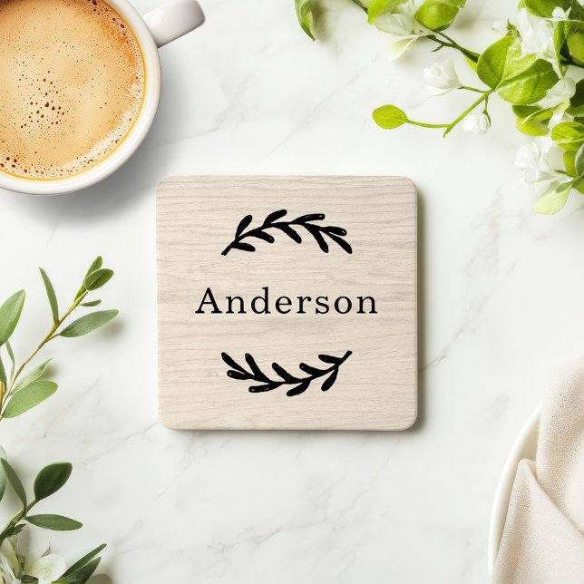 Rustic White Wood Laurel Monogram Est Beverage Coaster (Creator Uploaded)
