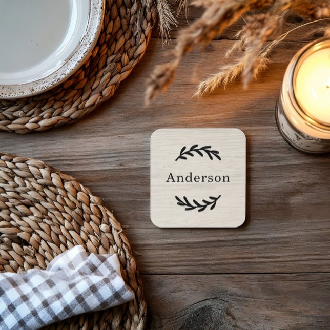 Rustic White Wood Laurel Monogram Name Beverage Coaster (Creator Uploaded)