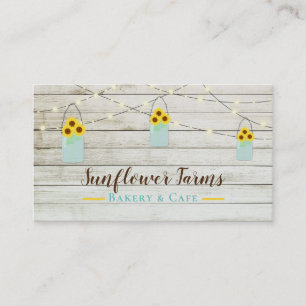 Rustic White Wood Lights & Mason Jar Sunflowers Business Card