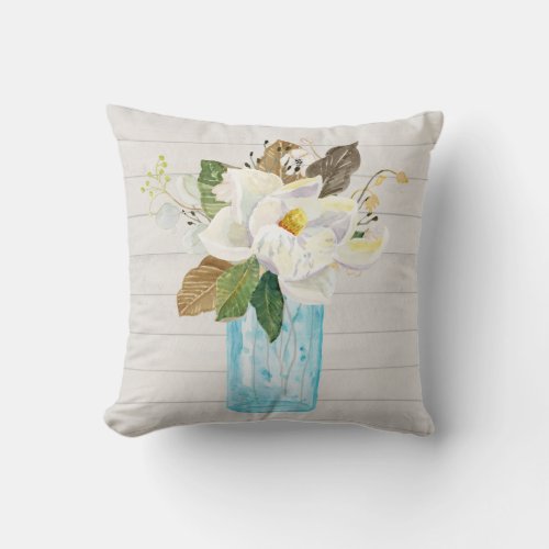 Rustic White Wood Magnolia Floral Blue Glass Vase Throw Pillow