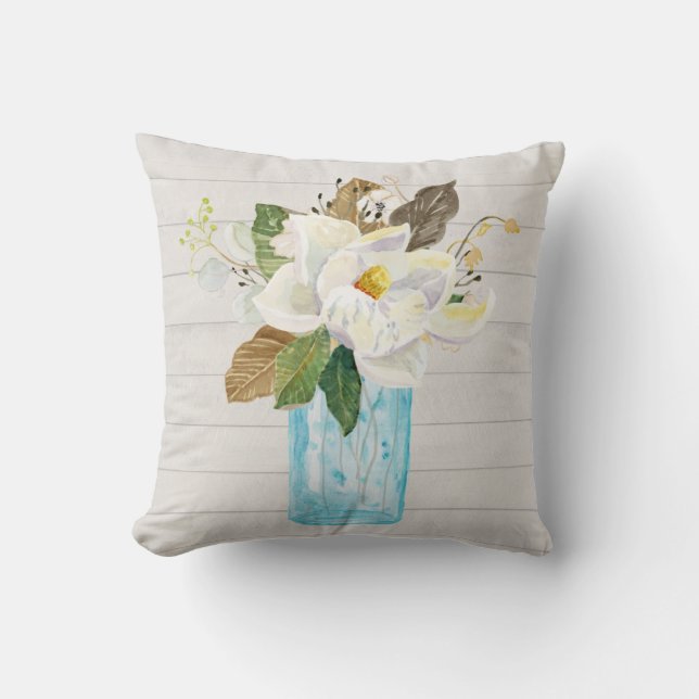 Rustic White Wood Magnolia Floral Blue Glass Vase Throw Pillow (Front)