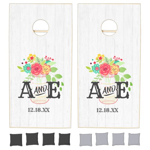 Rustic White Wood  Mason Jar Wedding Monogram Cornhole Set