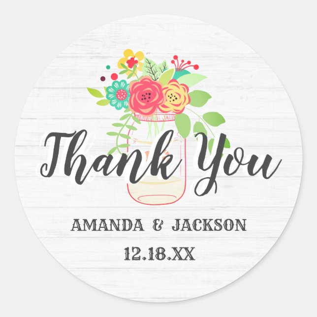 Rustic White Wood & Mason Jar Wedding Thank You Classic Round Sticker (Front)