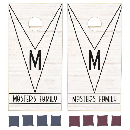 Rustic White Wood Monogram Triangle Family Name Cornhole Set