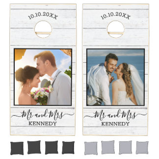Rustic White Wood Mr And Mrs Couple Photo Wedding Cornhole Set