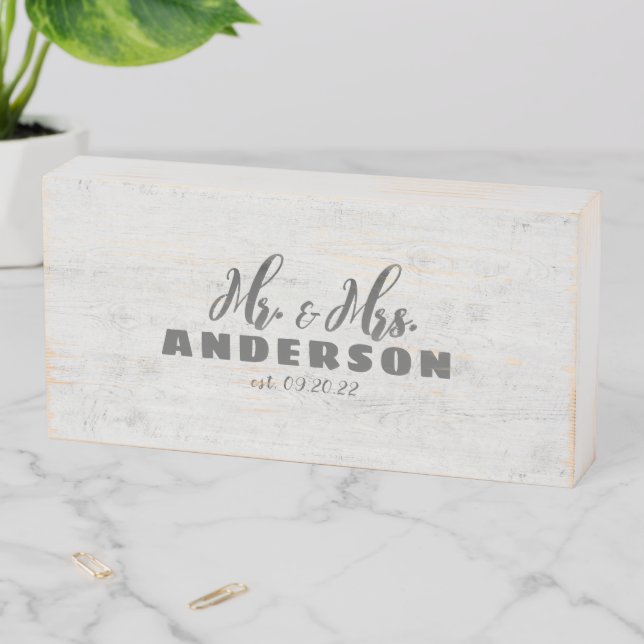Rustic White Wood Mr. & Mrs. Personalized Wooden Box Sign (In Situ Horizontal)