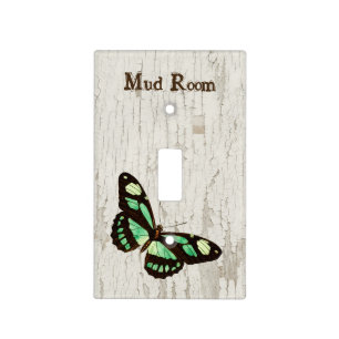 Rustic White Wood Mud Room Pretty Green Butterfly Light Switch Cover