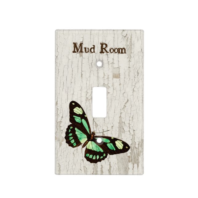 Rustic White Wood Mud Room Pretty Green Butterfly Light Switch Cover (Front)