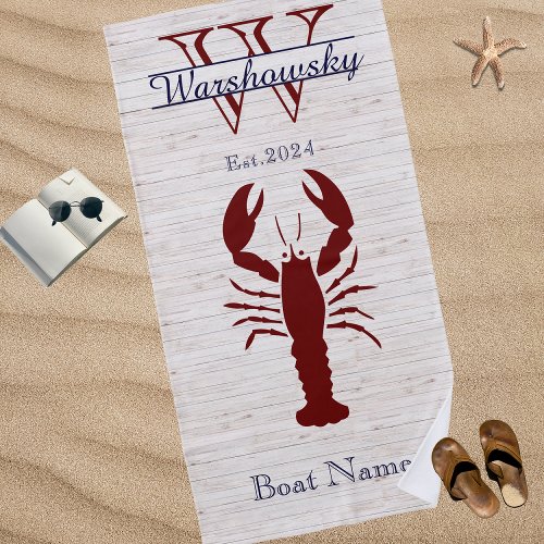 Rustic White Wood Nautical Navy Blue Rust Lobster  Beach Towel