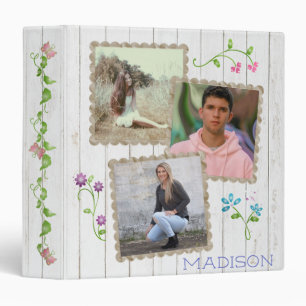 Rustic White Wood Photo Collage Floral 3 Ring Binder