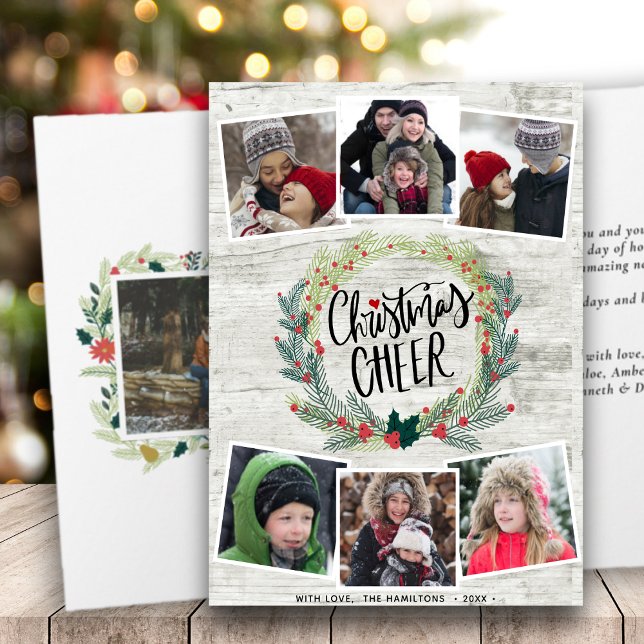 Rustic White Wood Photo Collage Floral Wreath Card (Creator Uploaded)