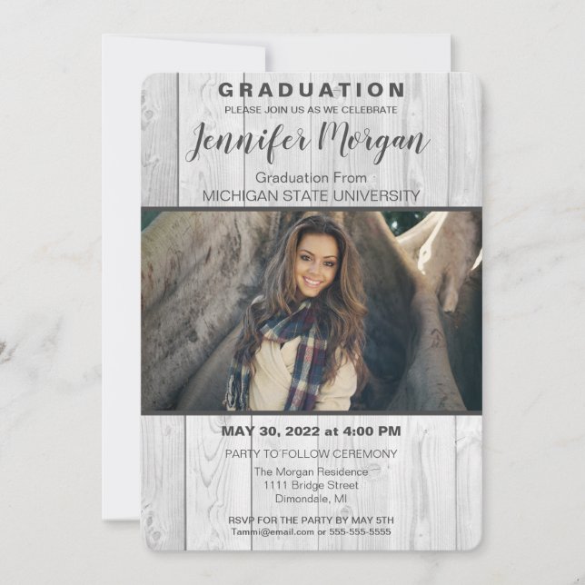 Rustic White Wood Photo Graduation Invitation (Front)